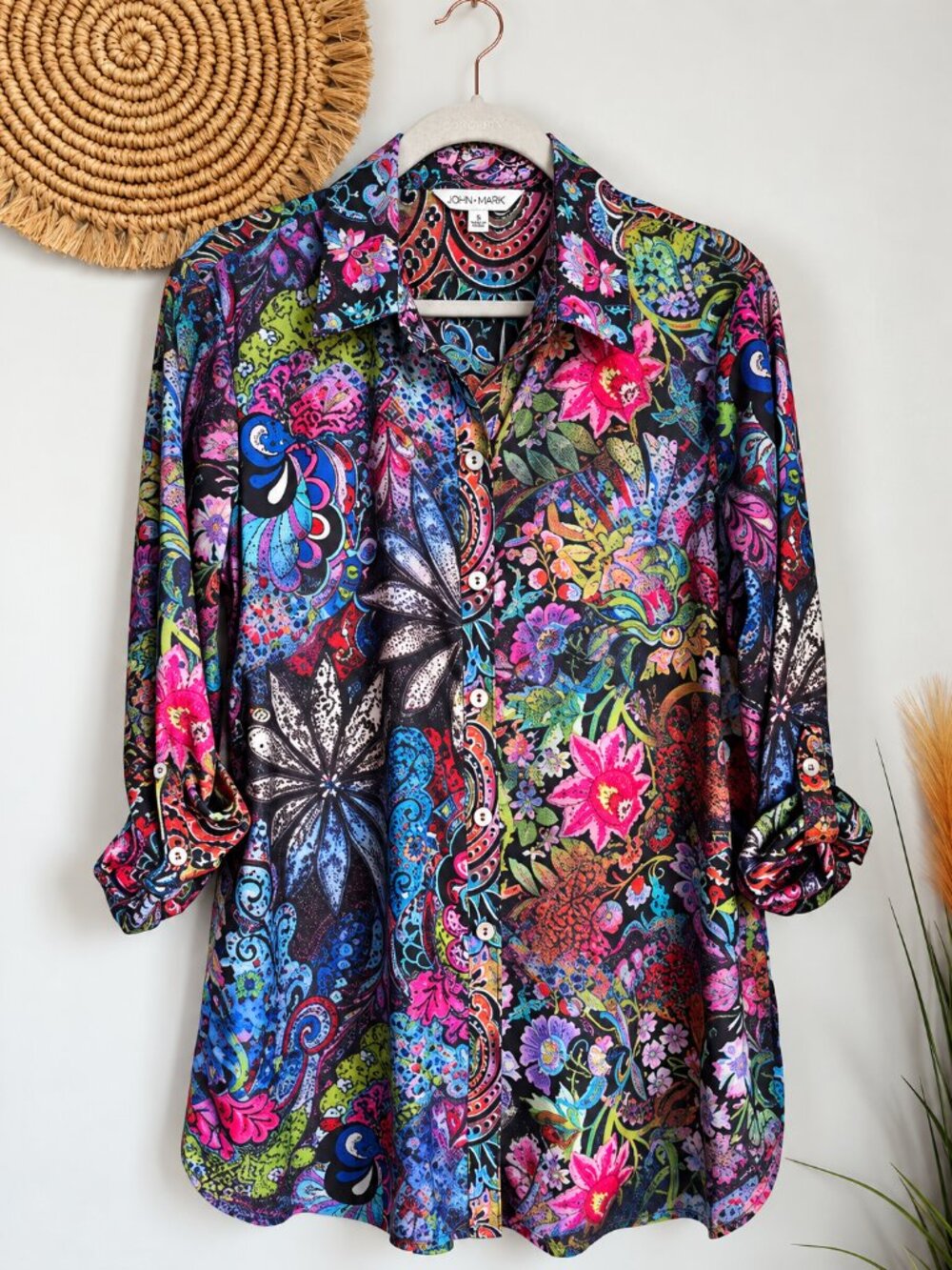 John Mark NEW Colorful Mixed Print Satin Button Front Blouse Shirt Small Artst